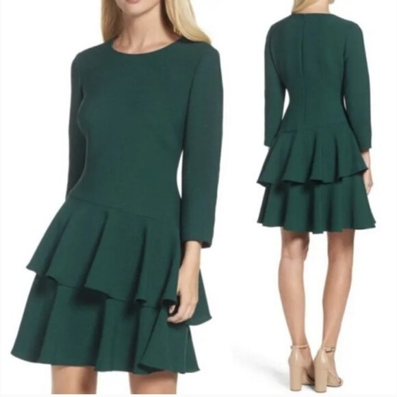 Eliza J. Green Knit Tiered Ruffle Long Sleeve Mini Dress Size 6 - Picture 12 of 13